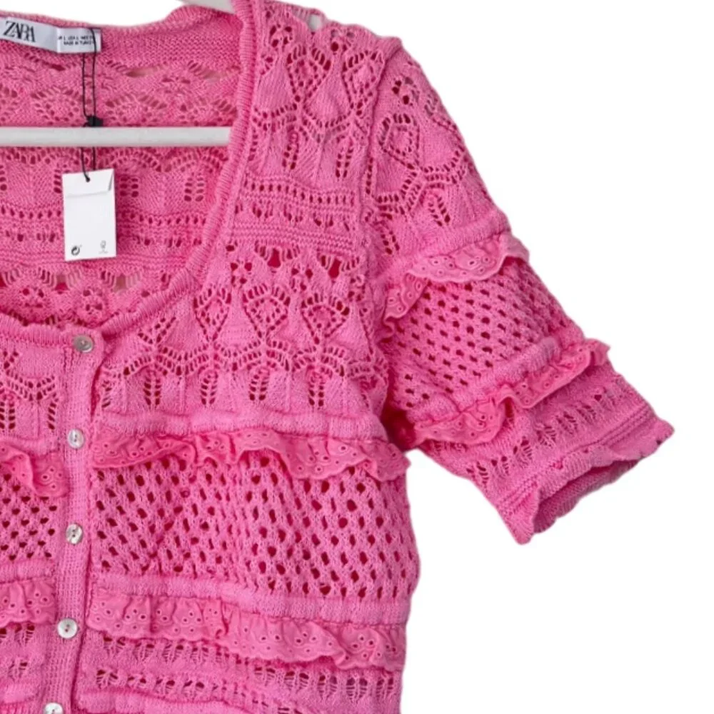 NEW ZARA Pink Cotton Knit Crochet Crop Top: Cottagecore Cardigan - Picture 11 of 16